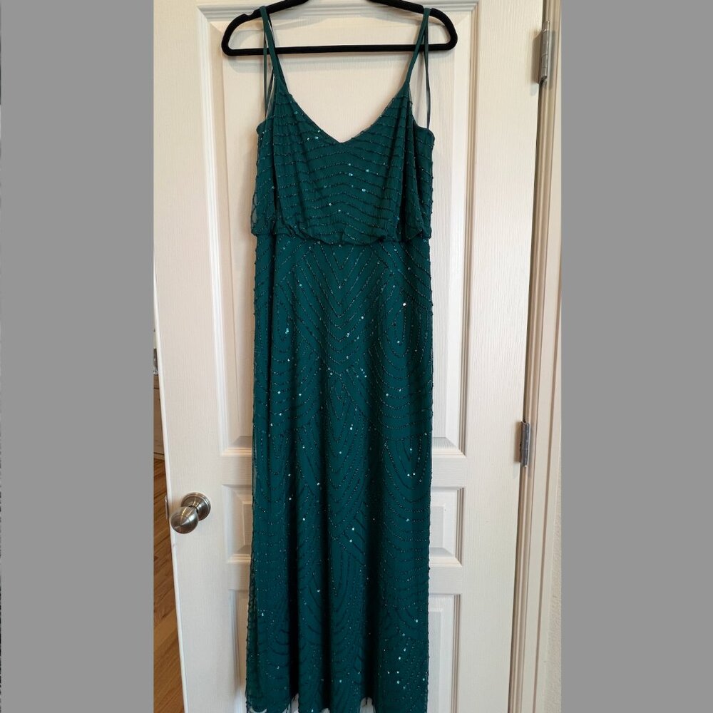 Adrianna Papell Green Art deco blouson beaded gown, Size 12P